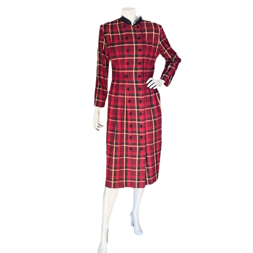 Vintage 80's Halmode Petites Size 8P Red Plaid Long Sleeve Holiday Dress